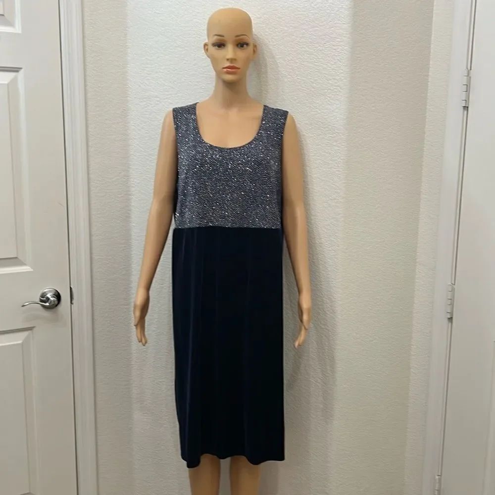 Onyx Nite Dress Sz 20 Navy Blue Silver Diamond Sparkle Scoop Neck Short Sleeve